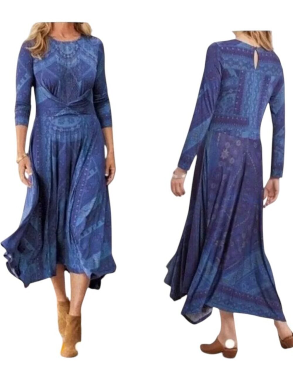 Soft Surroundings Sitarra Blue Print Asymmetric Hem Long Sleeve Midi Dress